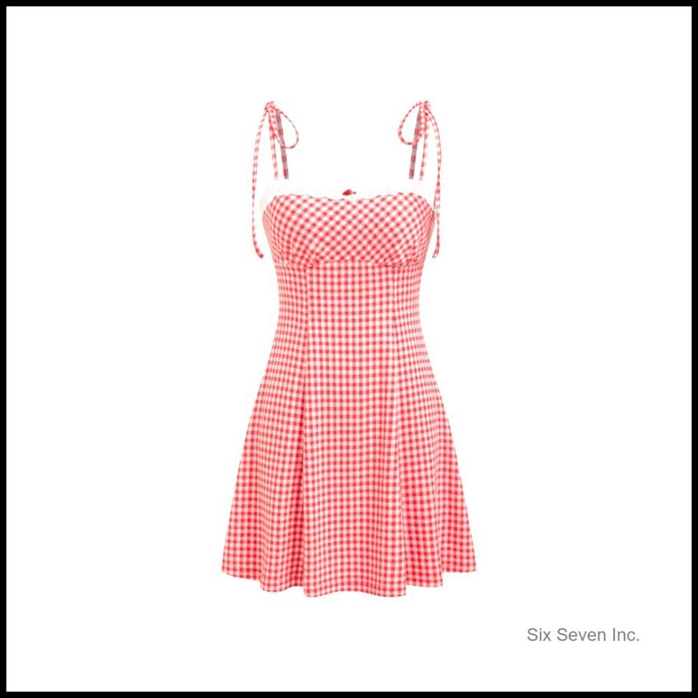 Gingham Summer Dress Elegant Square Neck Adjustable Straps Lace Trim Casual Mini